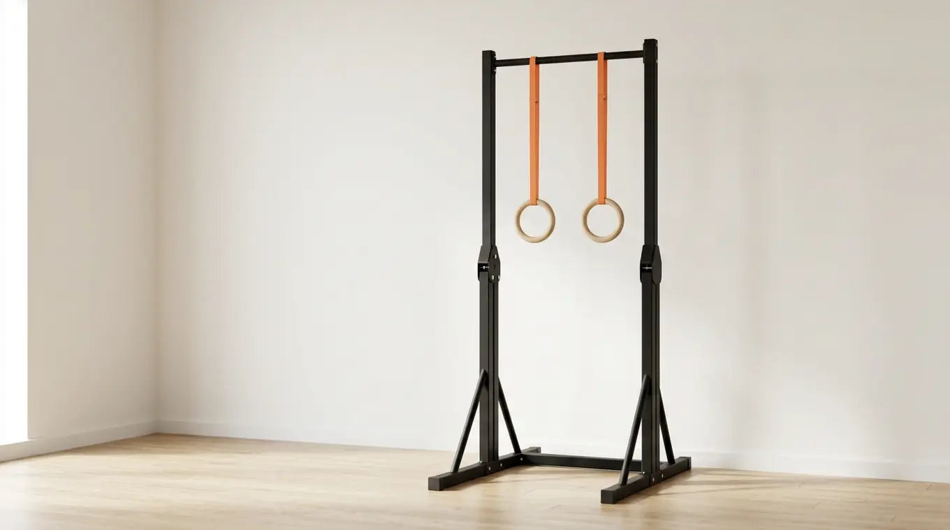 Minimalist horizontal photo of a compact freestanding foldable pull-up bar in a simple apartment corner; wooden gymnastic rings hang from narrow straps in orange #fb8344, neutral w