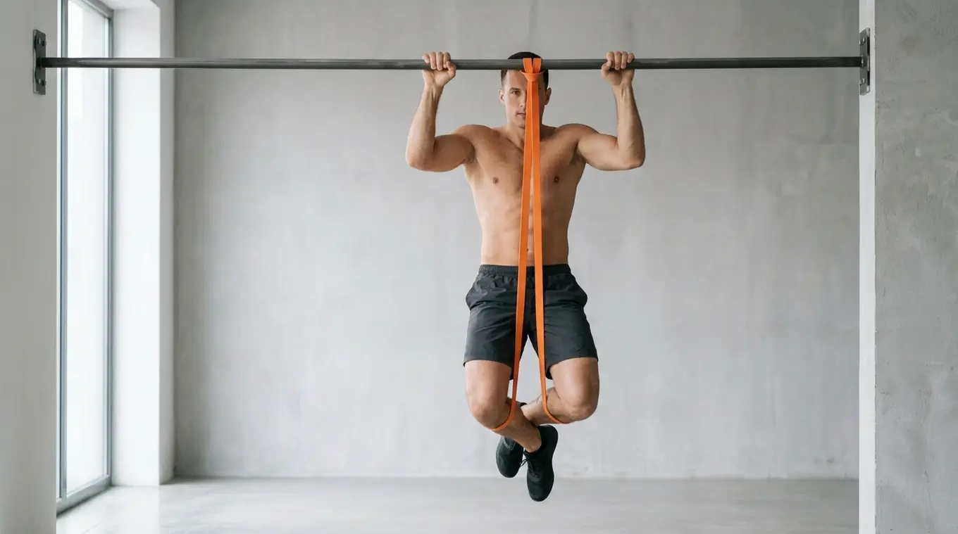 A fit athlete mid-transition in a band-assisted muscle-up on a pull-up bar, with a single orange resistance band (#fb8344) as the only color accent against a clean neutral gym back