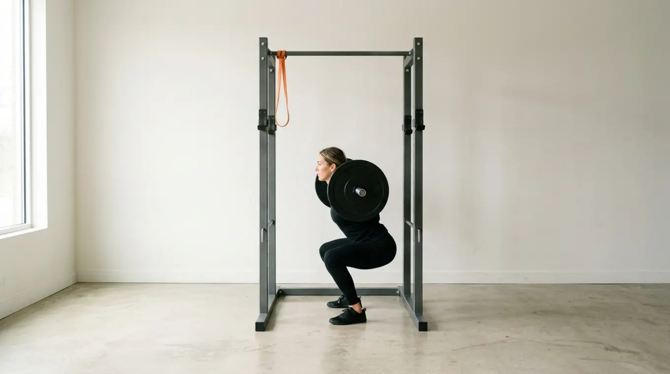Horizontal minimal photo of a compact power rack with an athlete holding a low static squat inside; a single small resistance loop in orange (#fb8344) hangs on the rack as a subtle