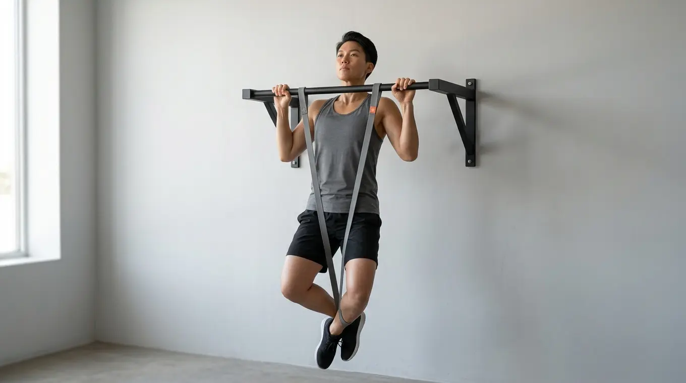 Minimalist horizontal photo of a single athlete holding the top of a band-assisted pull-up on a simple pull-up bar; a resistance band features a small #fb8344 orange accent, neutra