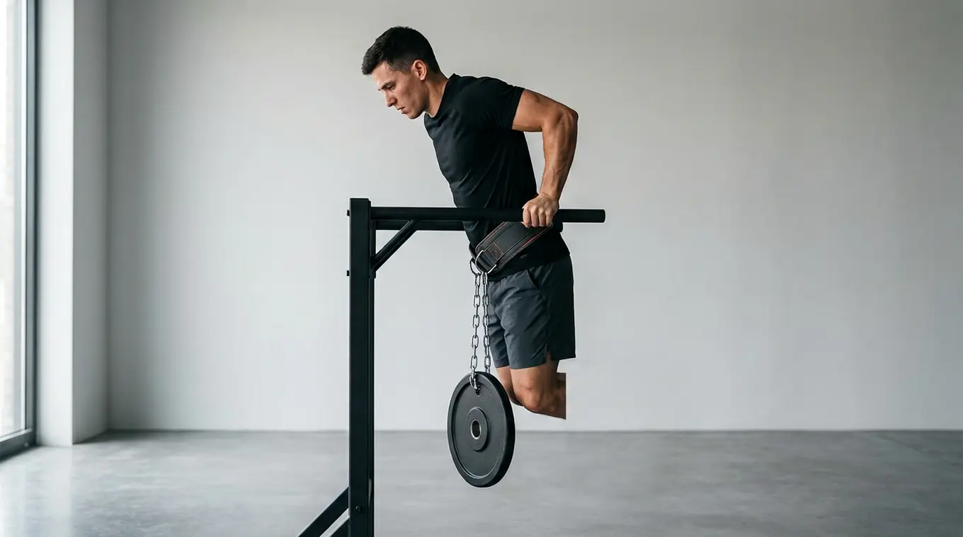 Photorealistic horizontal image of a person doing a weighted dip on matte-black parallel bars in a minimalist gym; a single small weight plate hangs from a dip belt, with a tiny or