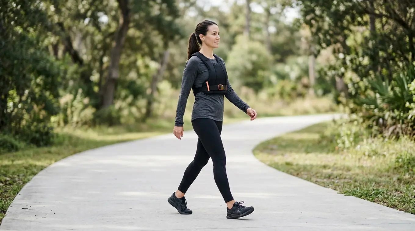 Photorealistic horizontal image of one person walking on a simple paved path wearing a sleek black weighted vest with a small orange (#fb8344) accent; minimal blurred background, n