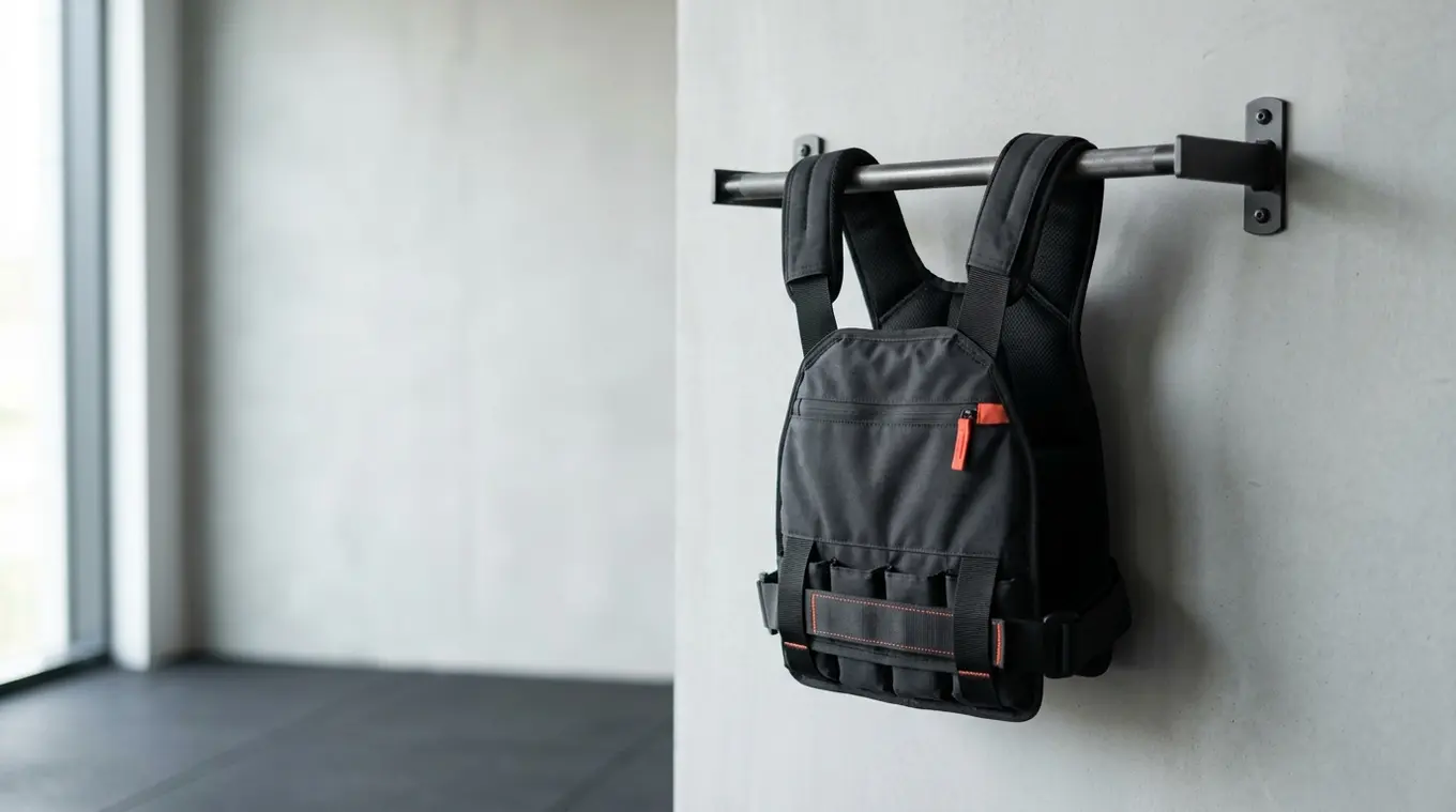 Minimalist horizontal photo of a compact black adjustable weight vest hanging from a short pull-up bar against a clean light-gray background, with a small orange (#fb8344) accent o