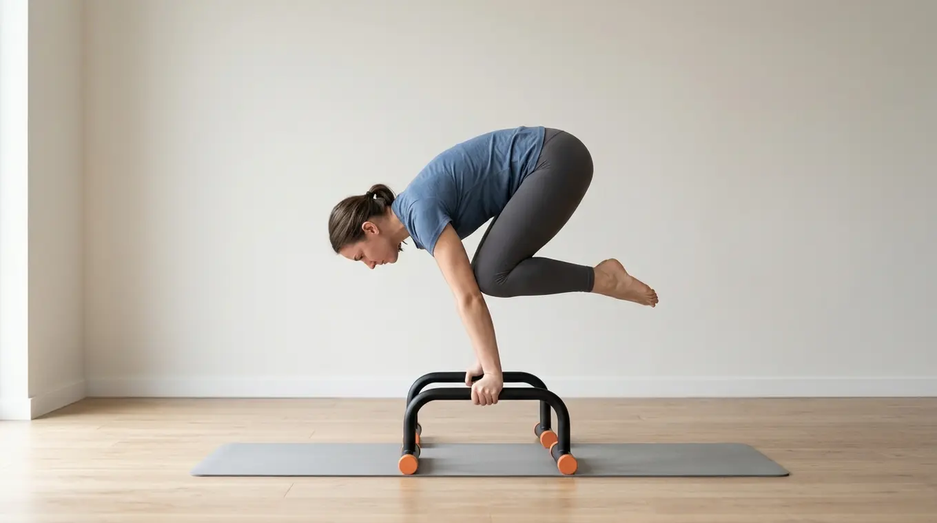 Beginner houdt een knee-tuck op lage parallettes met subtiele oranje accenten (#fb8344) in een minimalistische, lichte home-gym omgeving.