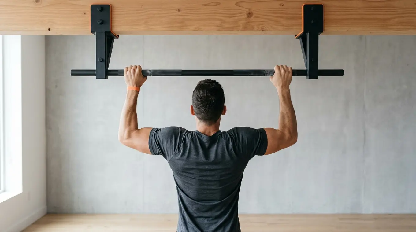 Horizontal photorealistic image of a mounted pull-up bar with sturdy brackets installed on a clean wall and a person performing a pull-up; small orange accents (#fb8344) on the bra